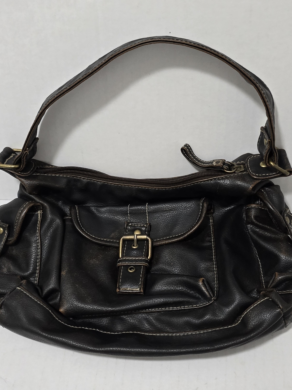 Vintage Slouchy Dark Brown Hobo Shoulder Bag Y2K Cargo Pocket Buckle 13x8.5